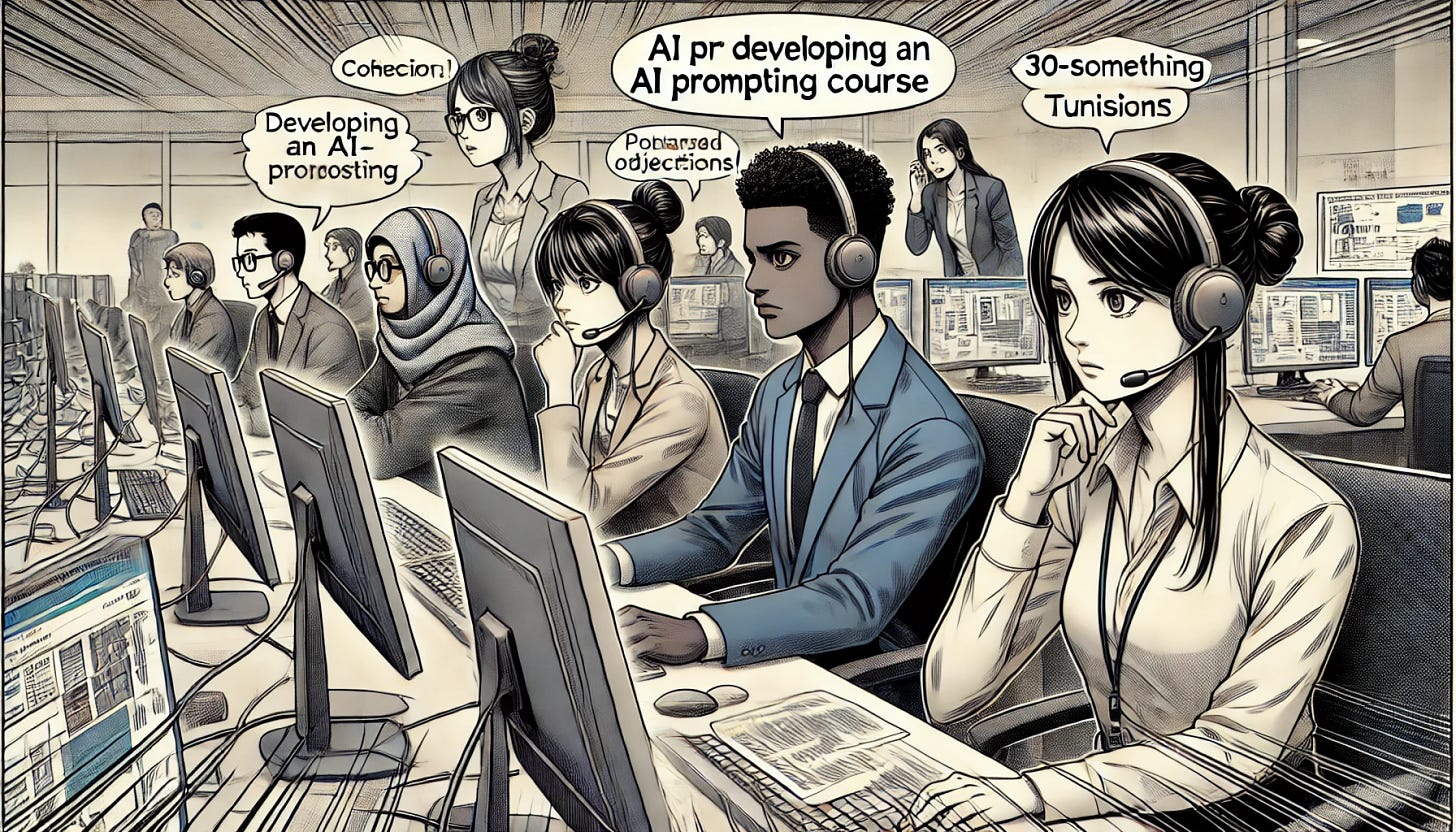 A manga-style illustration depicting a diverse team working on developing an AI prompting course in an office setting. The team includes a Black male manager, an older White woman worker, a 30-something year old woman, and a twenty-something Tunisian woman. Each member is seated at their own computer, with expressions of frustration or fatigue as they struggle with prolonged discussions and unclear objectives. The office environment is modern, with computers and digital screens visible. The focus is on the lack of cohesion, with speech bubbles or lines indicating confusion and a lack of focus on the audience. The scene captures the tension and frustration of the situation, with manga-style lines and shading adding to the emotional impact.