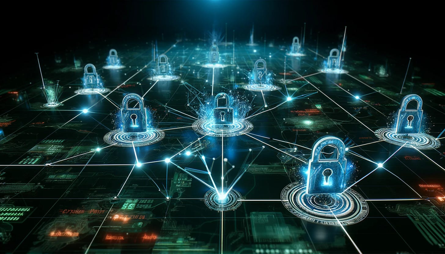 A high-tech, horizontal depiction of the hacking of VPN services, without human figures. The scene showcases an intricate digital network representing the internet, with glowing nodes and connections. Several nodes are marked with lock icons, symbolizing VPN services, being targeted by digital arrows and showing cracks appearing around them. The digital landscape is illuminated by blue and green lights, creating an atmosphere of a cyber attack underway. The absence of human elements emphasizes the autonomous nature of the attack.