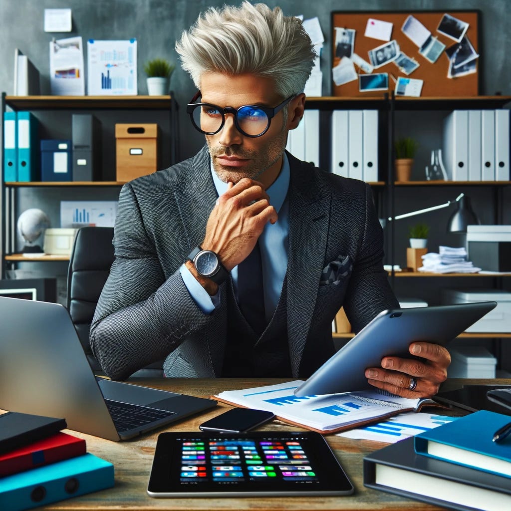A cool early 40s accountant with platinum blonde hair, wearing stylish glasses and a trendy business suit, sitting at a desk cluttered with papers, notebooks, and various devices like a tablet, laptop, and smartphone. The accountant has a thoughtful and focused expression, searching for the perfect note-taking application on the laptop. The background includes modern office decor with sleek filing cabinets, shelves with colorful binders, and a whiteboard with scribbled notes. The computer screen shows multiple note-taking applications open for comparison.