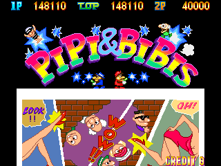 A screenshot of Pipi & Bibi's title screen, at the moment when it's also showing a few panels of a woman's long, high-heeled legs , and another in a short, low-cut dress bending over. Various enemies from the games are peering around the corner of a hole in a brick wall to leer.