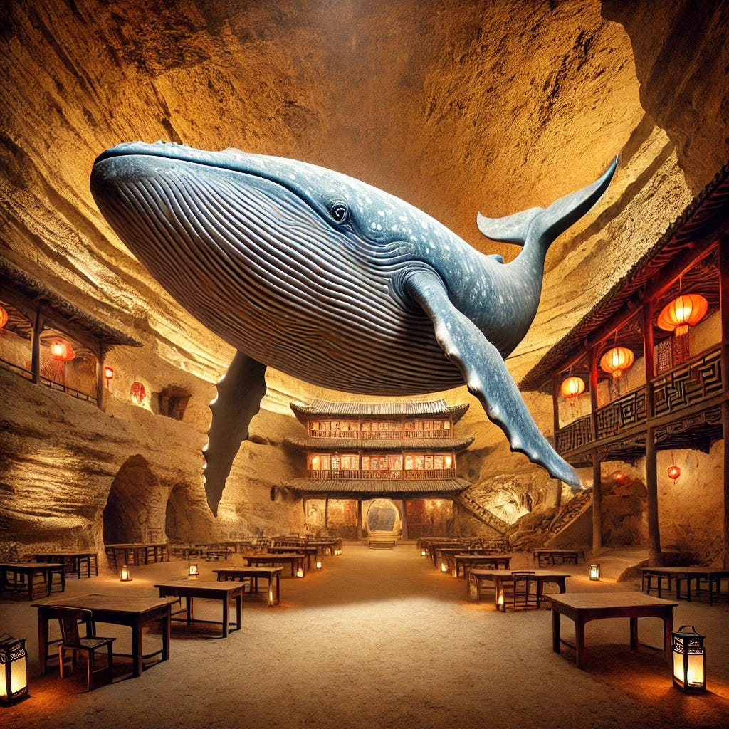 A surreal image of a massive whale floating gently inside the ancient cave dwellings of Yan'an, China. The cave walls are illuminated by soft lantern light, casting a warm glow on the textured earthen surfaces. The whale appears weightless, its body gracefully suspended in the air, blending the mystical and historical ambiance. The background features traditional Chinese cave interiors with wooden furnishings and red banners. The scene has a dreamlike, whimsical quality.