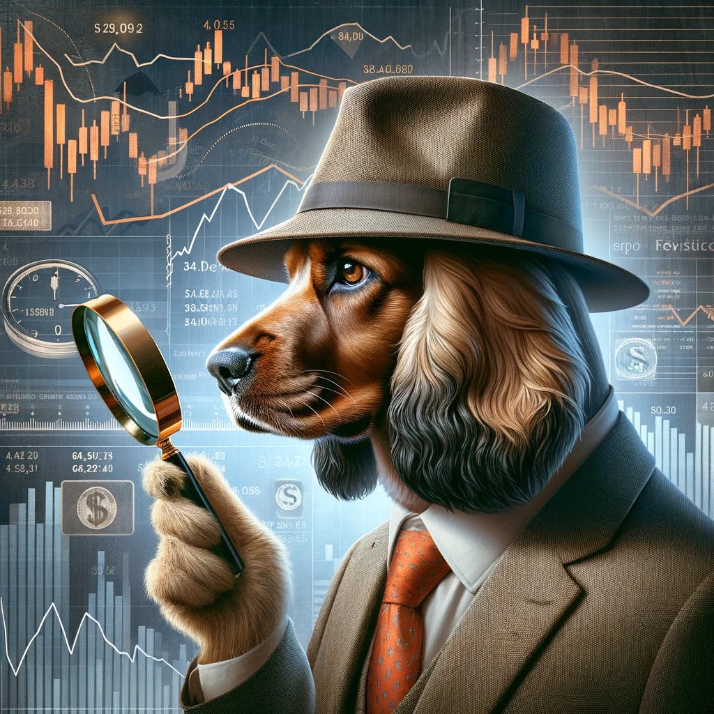 A more serious and less cartoonish illustration representing the concept of volatility and market investing. The image shows a realistic spaniel dog, depicted as a diligent detective. The dog, wearing a subtle detective hat, is examining a magnifying glass, symbolizing careful analysis. The background features sophisticated elements such as financial charts, stock market graphs, and currency symbols, conveying the complexity and seriousness of the financial markets. The overall atmosphere is one of earnest investigation, with the dog metaphorically searching for valuable insights and opportunities in the dynamic world of investing.