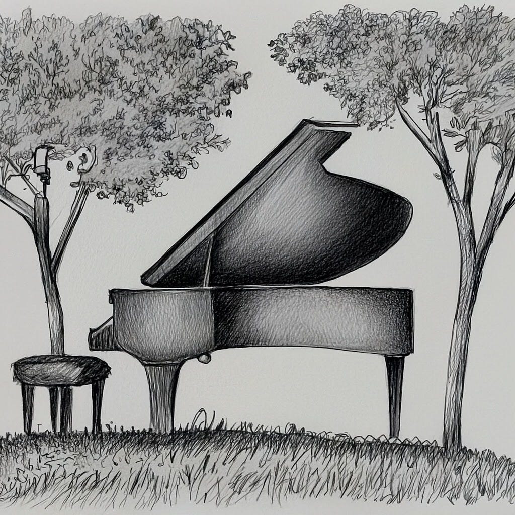 grand piano in an open field