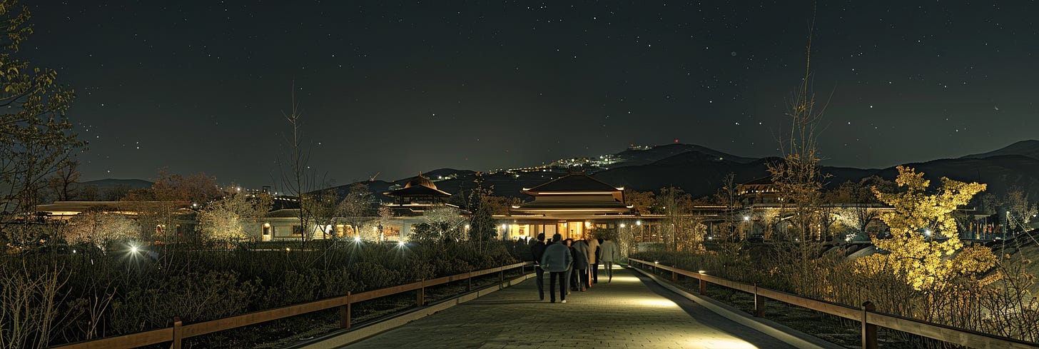 A nighttime scene of a traditional building with a pathway leading to it, illuminated by soft lights, with people walking towards the entrance. The sky is filled with stars, and the surrounding landscape features trees and mountains in the background.