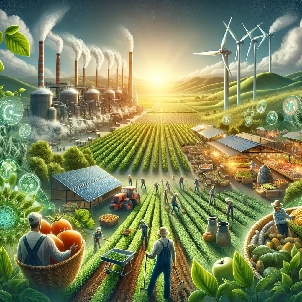A conceptual illustration representing integral sustainability in the food industry. The image depicts a harmonious blend of agriculture, environmental care, and worker welfare within a sustainable economic model. In the foreground, a farmer is using eco-friendly farming techniques in a lush green field. In the middle ground, wind turbines and solar panels symbolize environmental conservation. Workers are shown in a healthy and safe working environment, reflecting good labor conditions. The background features a thriving market scene, representing economic vitality and sustainable practices in the food sector.