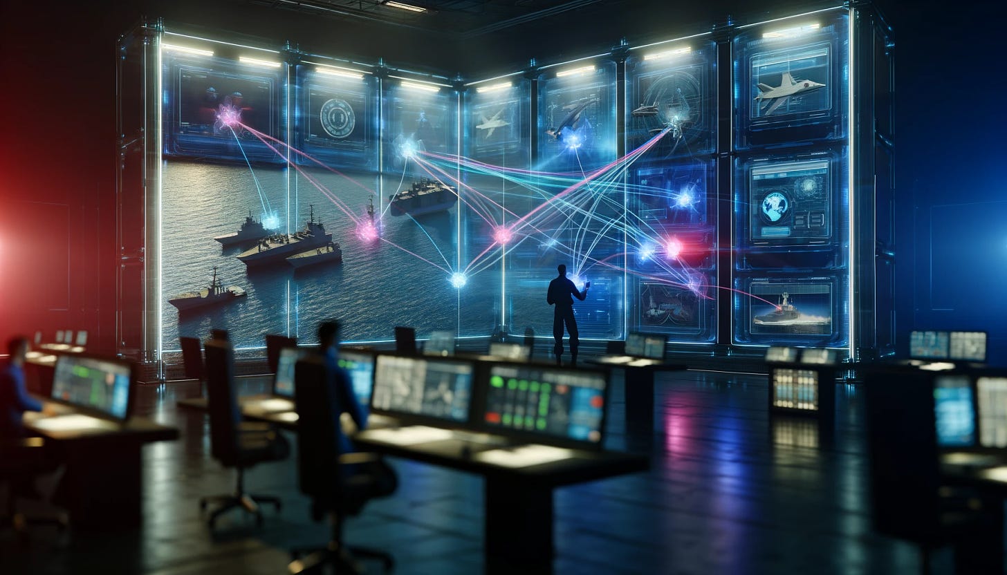 A high-tech, futuristic command center filled with large, transparent interactive screens displaying sophisticated software interfaces that connect and control various military assets. The scene is set in a dimly lit room to highlight the vibrant colors of the screens. Engineers and military strategists are seen interacting with these interfaces, seamlessly integrating unmanned ships, robotic vehicles, and soldier equipment into a cohesive system. Visual data streams flow between these assets, represented by glowing lines and symbols, signifying real-time communication and coordination. The atmosphere is one of intense focus, showcasing the power of software to unite and enhance military capabilities in a cutting-edge manner.