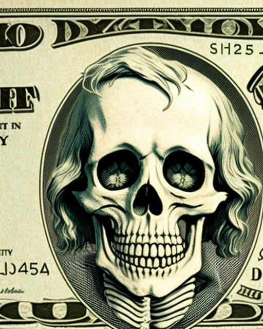 dollar bill with a skeleton on it