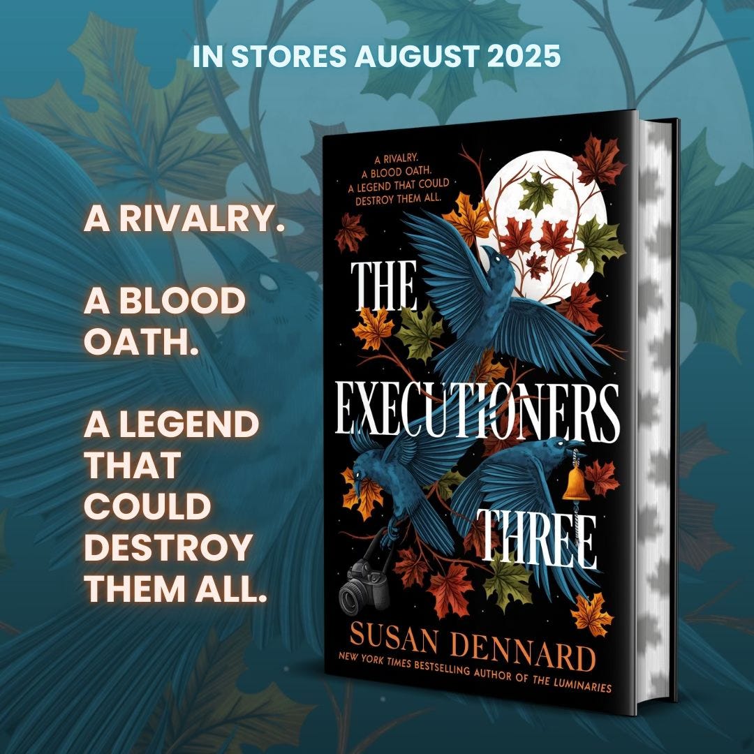 A graphic showing the US hardcover of TE3 with printed edges made to look like floating leaves. Text beside the book image reads: "In stores August 2025. A rivalry. A blood oath. A legend that could destroy them all.