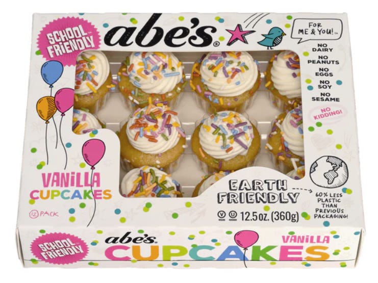 A 12 pack of Abe's vegan allergen-friendly vanilla cupcakes.