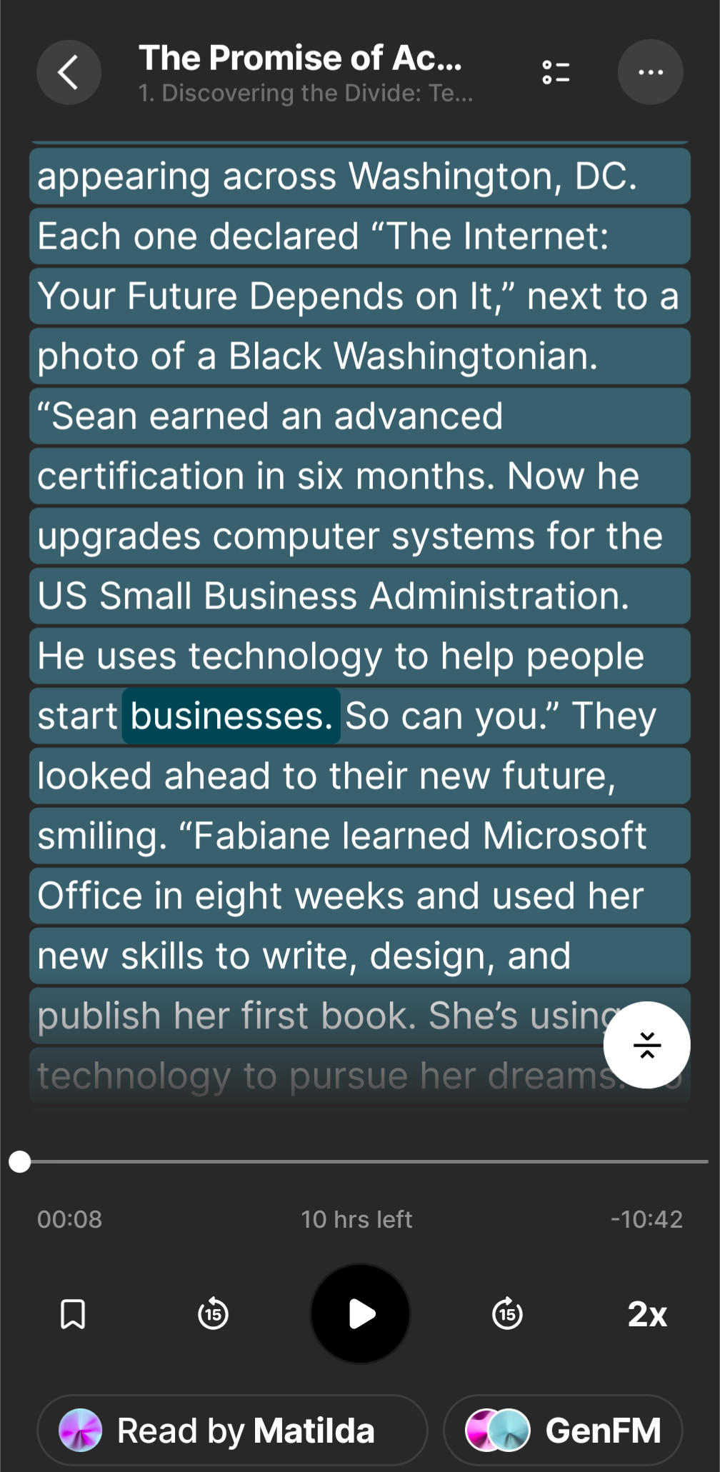 A screenshot of the Eleven Labs Reader app that shows a paragraph of highlighted text with a specific word spotlighted.  The app also has buttons to bookmark, play, adjust speed, and advance or rewind 15 seconds.