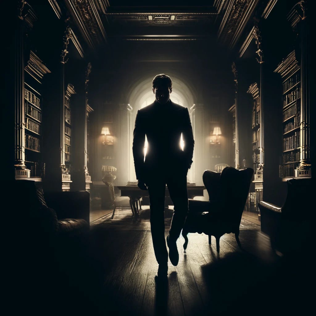 The scene shifts to a more enigmatic atmosphere, where the alpha male is enshrouded in the deep shadows of a Gilded Age library, without any weapons in hand. He stands alone, a figure of strength and mystery, barely visible among the dark recesses of the library. The ambient light faintly illuminates his silhouette, highlighting his confident stance and the stylish contours of his attire. The surroundings whisper of luxury and knowledge, with just the outlines of bookshelves and the rich textures of the room suggesting a world of opulence beyond the darkness. This composition blends the themes of solitude, contemplation, and the timeless allure of hidden stories waiting to be discovered.