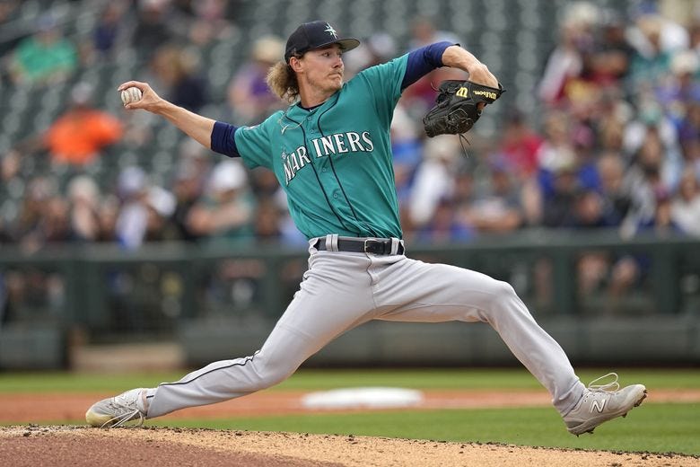 Starting pitcher Bryce Miller delivers during the first inning of the Mariners&#8217; game against the Rangers on Sunday.(Abbie Parr / The Associated Press)