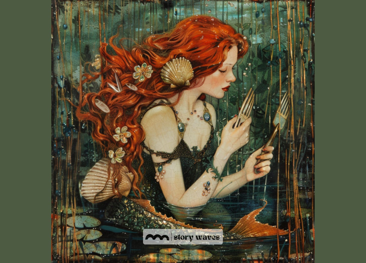 a painting of a mermaid with red hair holding combs