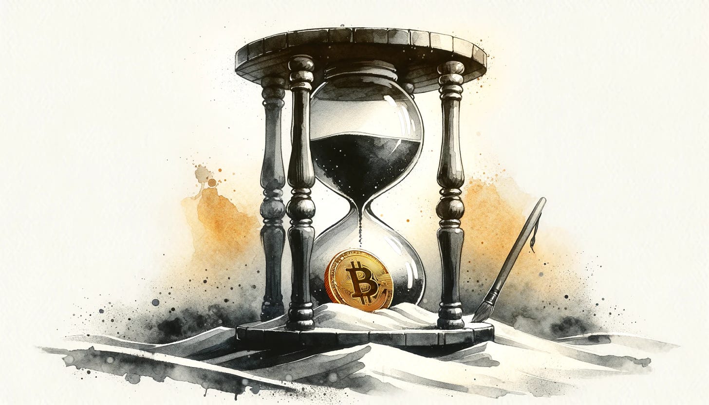 A sumi-e watercolor style painting of a giant hourglass with a Bitcoin buried in the sand inside. The hourglass should dominate the composition, with fine lines and delicate brushstrokes characteristic of sumi-e art. The Bitcoin, partially buried in the sand, should be subtly detailed, hinting at its presence rather than being overly prominent. The overall tone should convey a sense of time and value, with a serene yet profound ambiance. The painting should have an aspect ratio of 3:2.