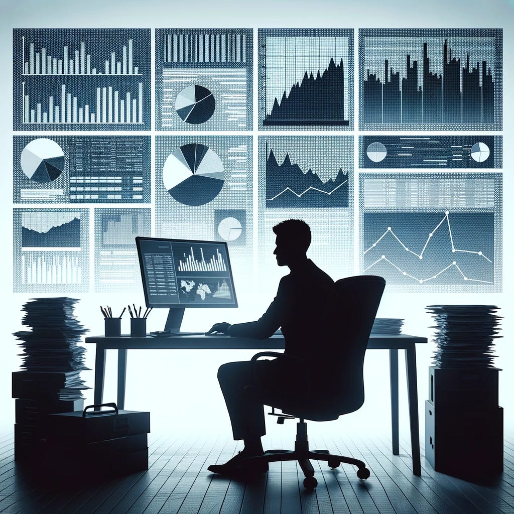 A silhouetted image of an actuary at work, sitting at a desk surrounded by financial charts, a computer, and stacks of paperwork. The silhouette is detailed enough to show the actuary deeply focused, analyzing data and calculating risks. The background is minimal, emphasizing the silhouette and the actuarial work environment.