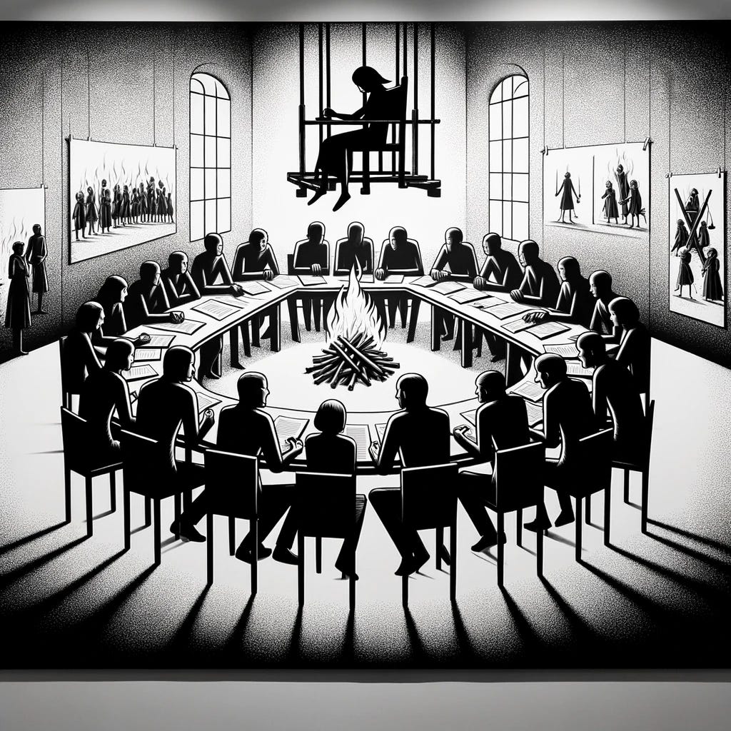 A black-and-white illustration featuring stick-figure people gathered around a large table, deeply engaged in conversation. The stick figures vary in height and style to suggest diversity among them. They are depicted in a minimalist, abstract setting with simple chairs and a table. Papers and books are scattered across the table, symbolizing the development of a complex narrative. In the background, there's a subtle depiction of a witch burning at the stake, adding a dramatic historical element to the scene. The room is subtly shaded to create a sense of depth and focus on the group's serious discussion.