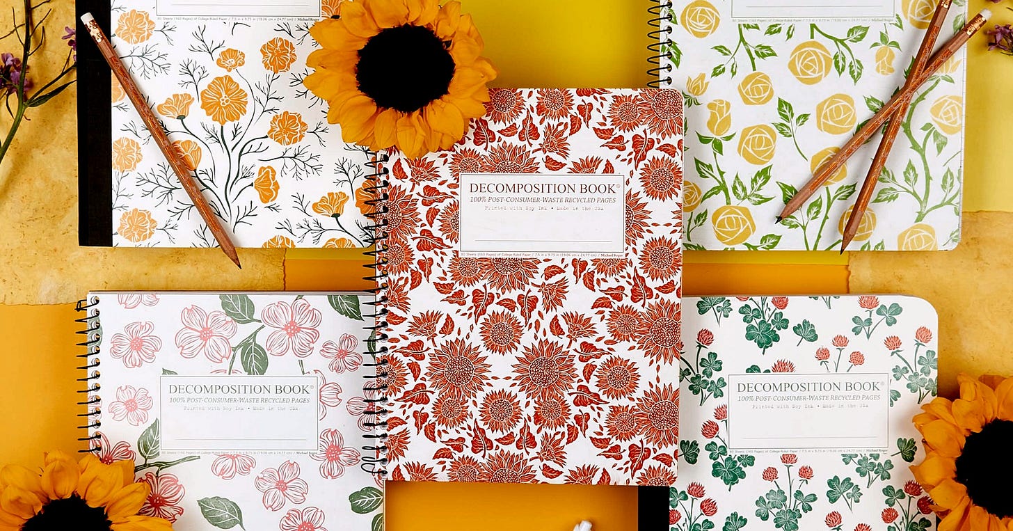 Five colorful notebooks and writing utensils