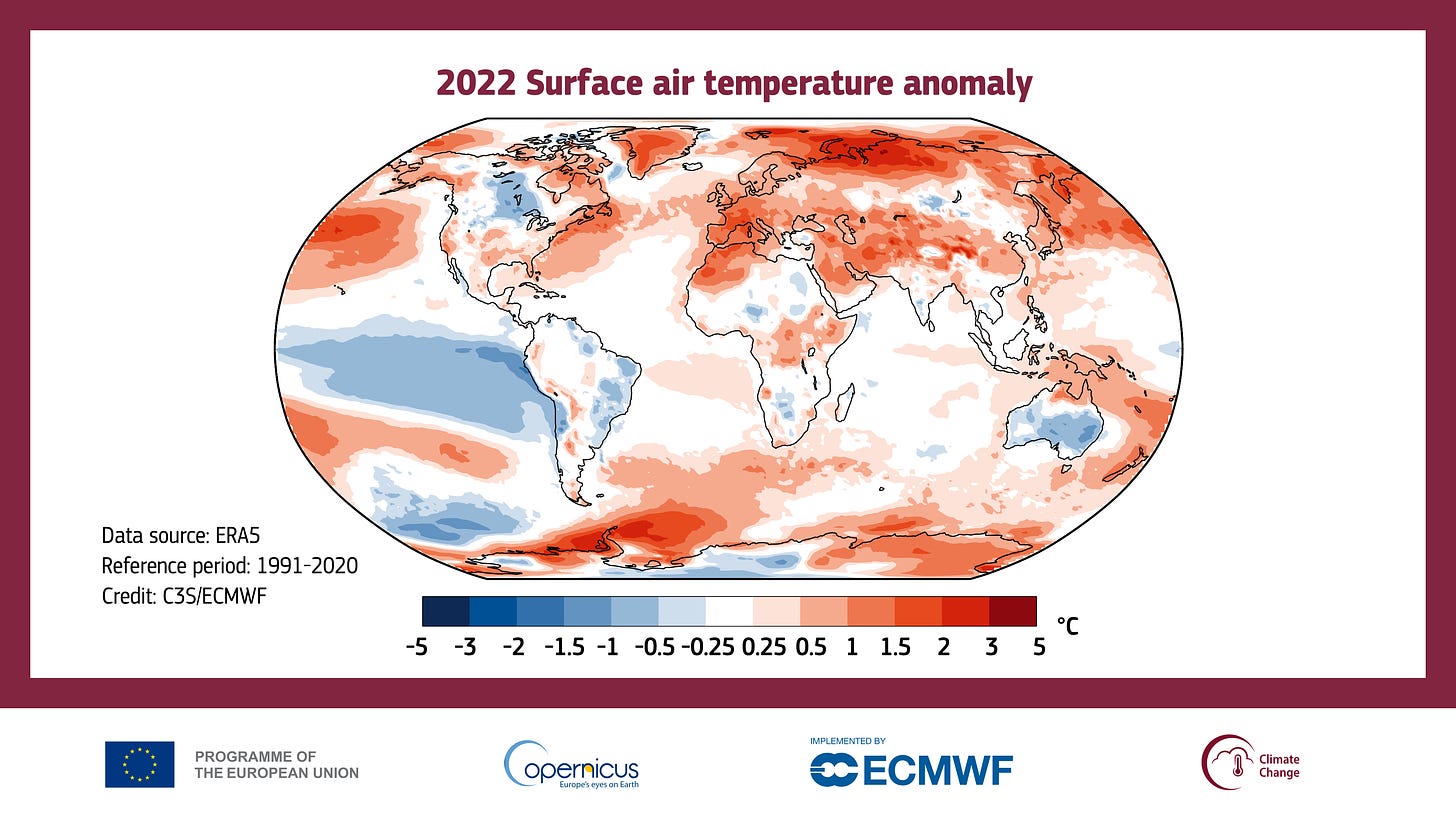 Air temperature at a height of two metres for 2022, shown relative to its 1991–2020 average. Source: ERA5. Credit: Copernicus Climate Change Service/ECMWF