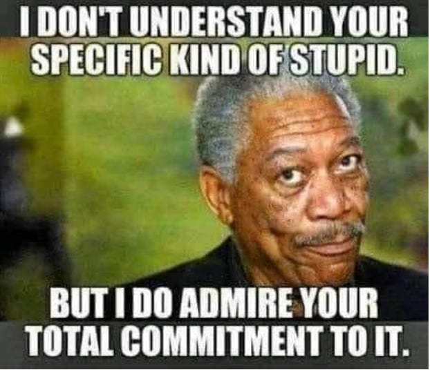 Morgan Freeman rolling his eyes with caption "I don't understand your specific kind of stupid. but I do admire your total commitment to it."