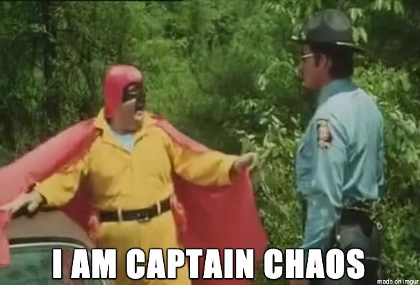 Captain Chaos arguing with a police officer