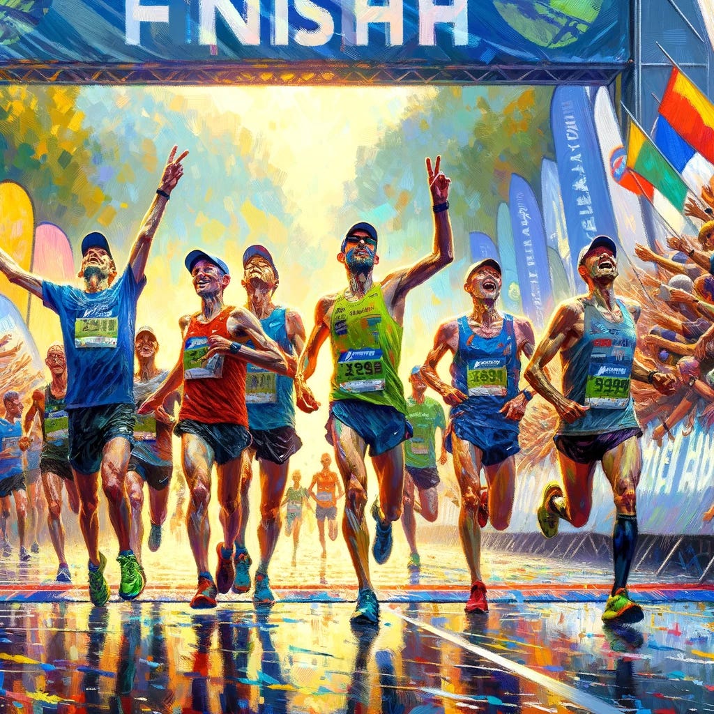 Several runners joyously crossing the finish line of an ultramarathon, their faces a mix of exhaustion and elation. The scene is painted with bright, vivid colors, capturing the raw emotion and the sheer physical exertion of the moment. The painting style is reminiscent of impressionism, focusing on the play of light and color over precise detail. The background is alive with the energy of the crowd and the other competitors, all rendered in bold strokes and lively hues to convey the atmosphere of celebration and accomplishment.