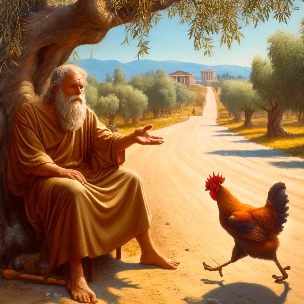 A scene in ancient Greece, featuring a rustic, sun-drenched landscape. In the foreground, Thales, depicted as an elderly man with a long white beard and a simple robe, sits under an olive tree. He gestures towards a road where a chicken, appearing animated and comedic, is hurriedly crossing. The background includes olive trees and a distant temple, emphasizing an ancient Greek setting. The overall mood is philosophical and humorous, capturing Thales's perspective on why the chicken crossed the road.