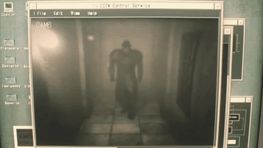 Video of Mr. X, the villain of Resident Evil 2, walking up to a camera and punching it.