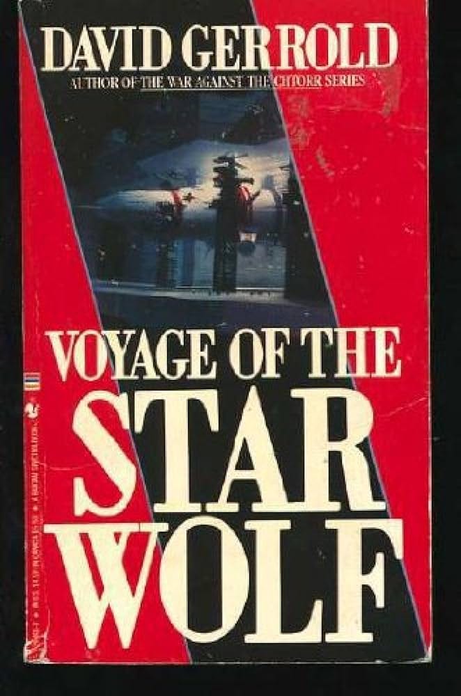 Cover of Voyage of the Star Wolf diagonal pic of a star ship