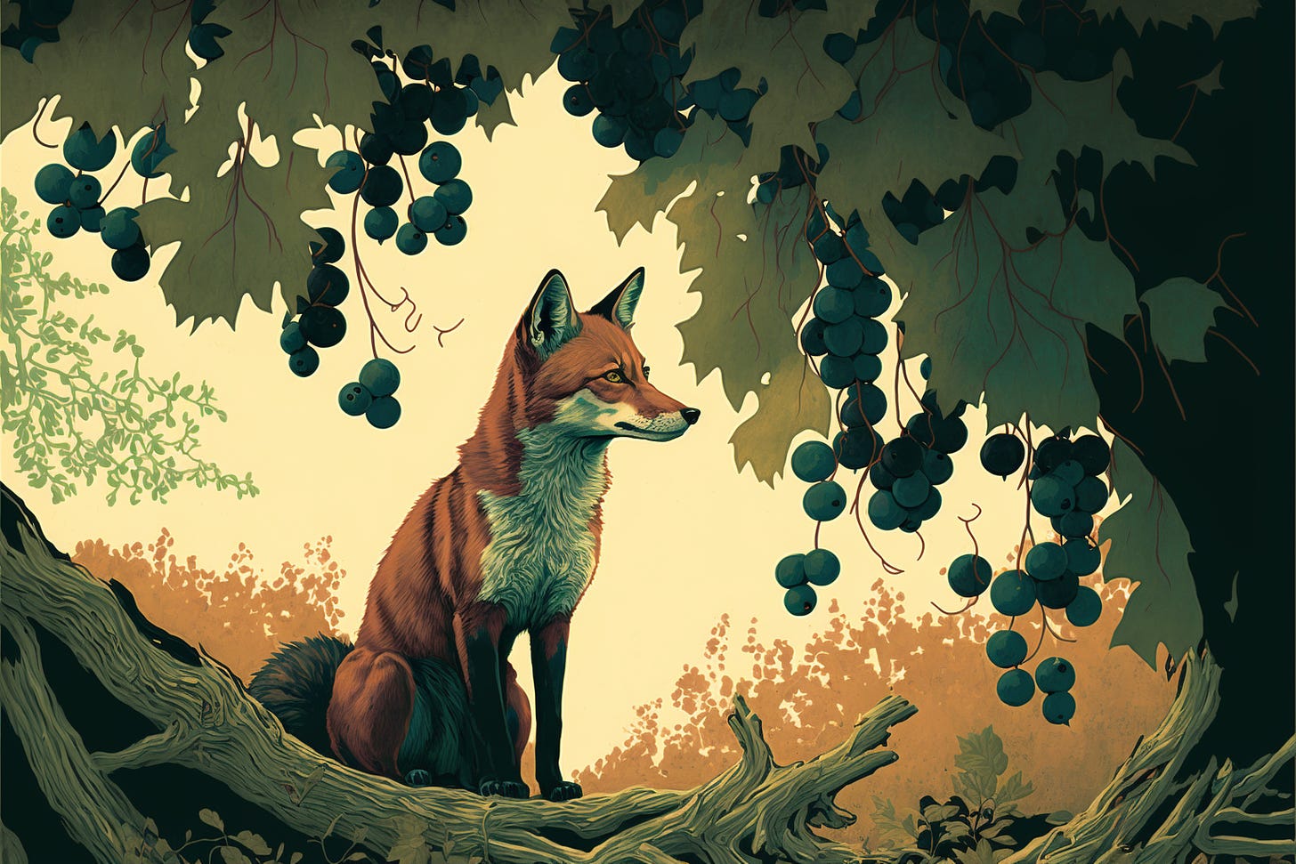 a fox sitting under a tree in a forest looking up at a vine of grapes, illusration,