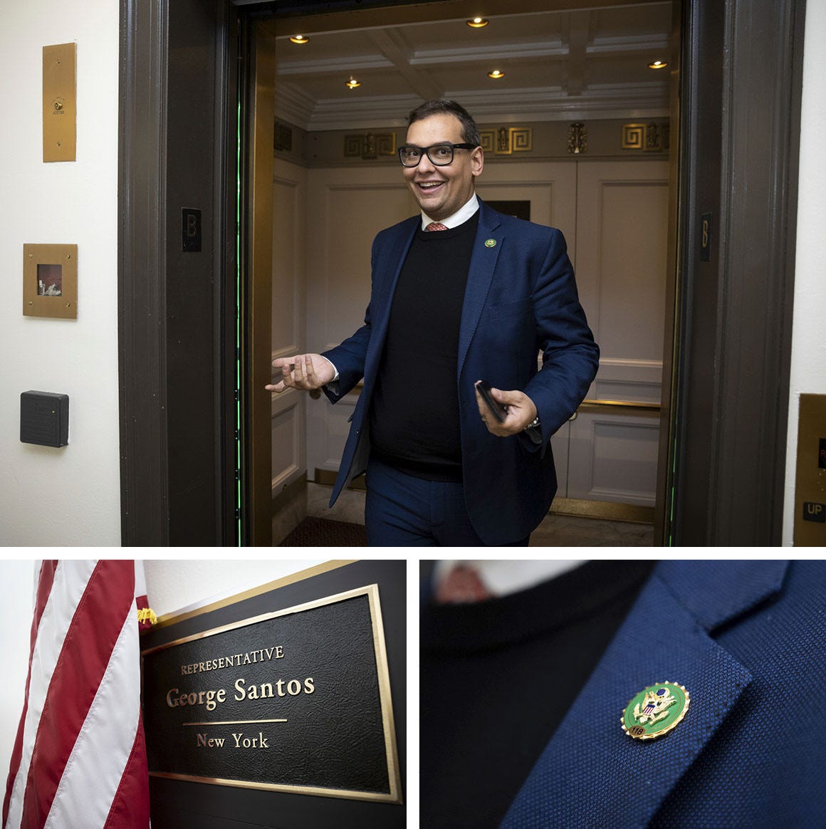 George Santos, top, speaks with reporters as he boards an elevator, a plaque outside his office and wearing his Congressional member lapel pin.