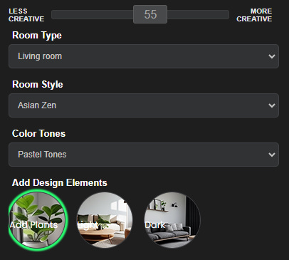 Style, room, and color selection in Interior Ideas AI