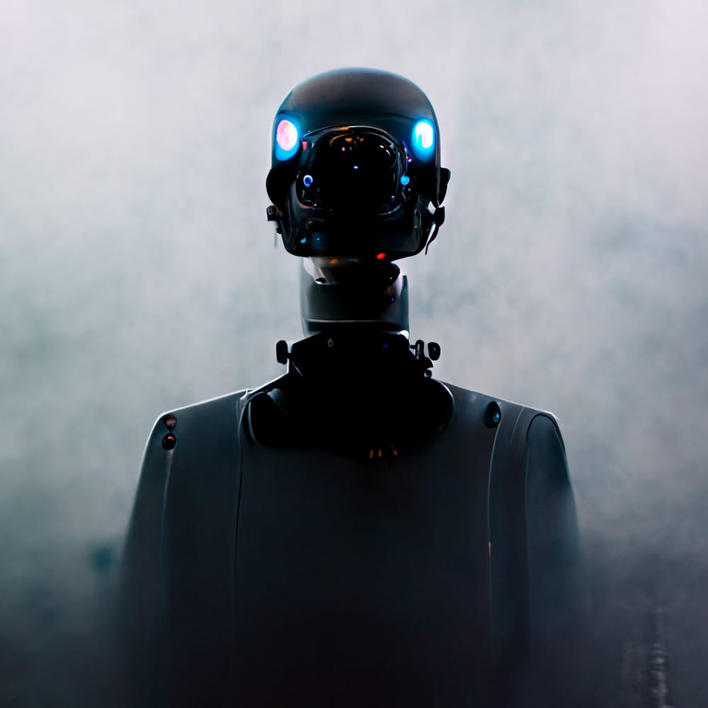 Procurement robot, blue eyes, who understands the procurement cycle