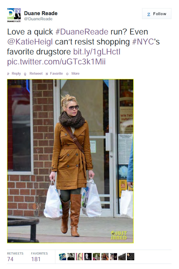 Photo of a tweet from Duane Reade calling ut Katherine Heigl shopping at their store. Includes a paparazzi photo.