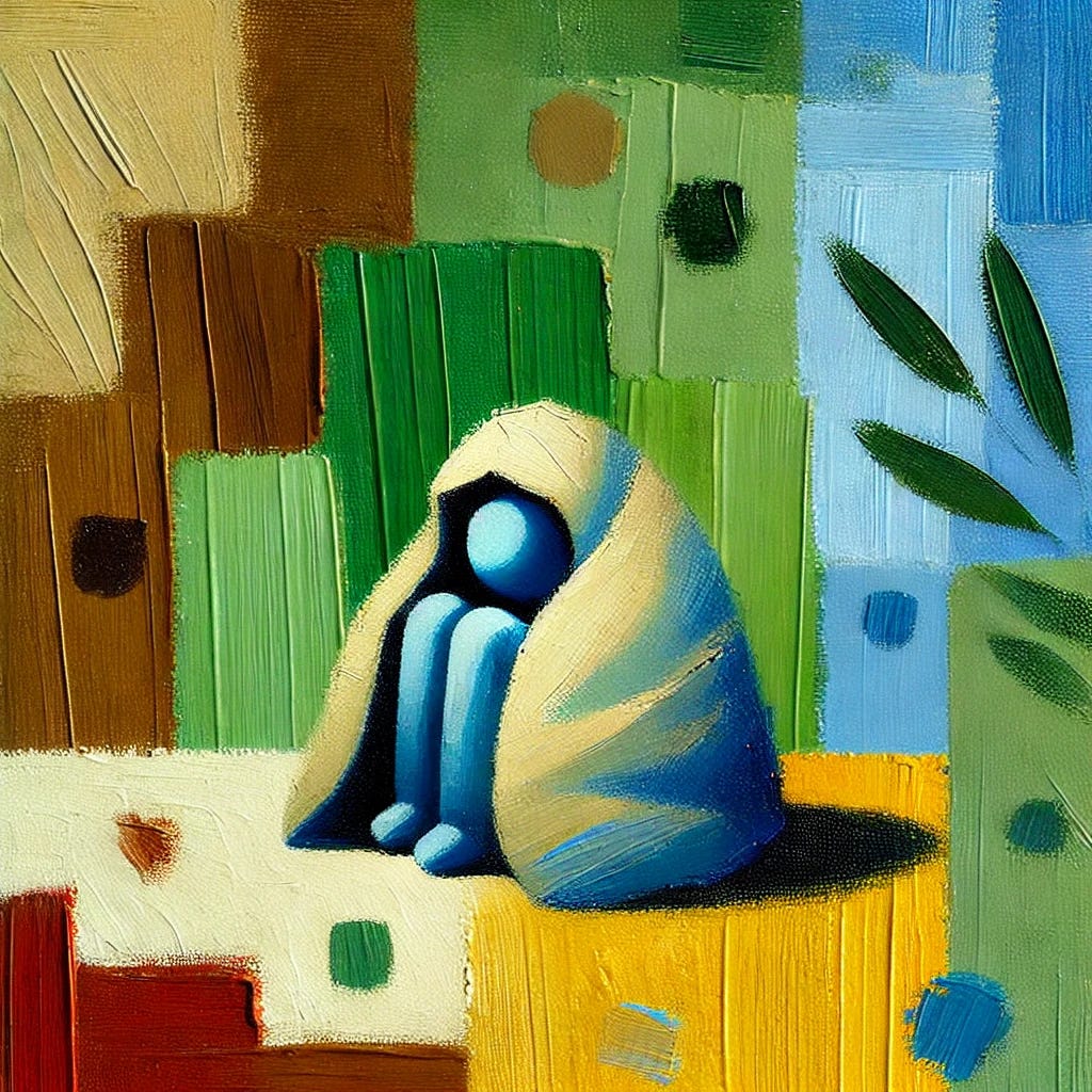 An abstract, playful painting focusing on a single object: a duvet over a small figure curled beneath it, representing vulnerability and comfort. The background consists of simple shapes in shades of green, blue, brown, and black, evoking a natural and calming atmosphere. The duvet should be in a bright color like red or yellow to stand out as the focal point. The painting should have visible brushstrokes, creating an expressive texture, with a flat, two-dimensional appearance. The overall mood should convey peace, simplicity, and the release of emotions, symbolizing the catharsis of crying.