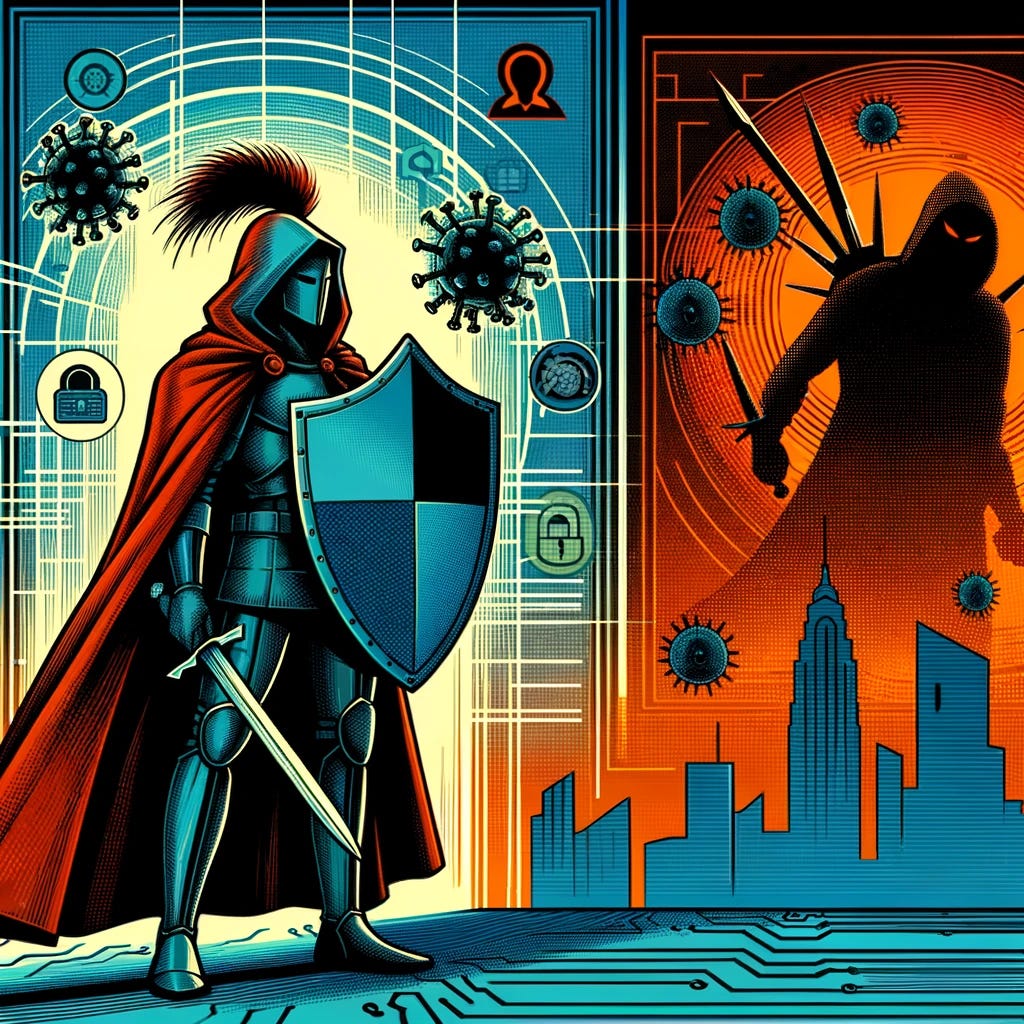 Design an image suitable for a cybersecurity newsletter, portraying a traditional and hand-drawn aesthetic. The illustration should depict a heroic figure in a cloak holding a shield and sword, standing guard in front of a digital cityscape. The shield and sword symbolize protection and defense against unseen digital threats, such as viruses and hackers, represented by shadowy figures lurking in the background. The style should mimic classic comic book art, with bold lines and dramatic shading, avoiding any appearance of being generated by artificial intelligence. The color scheme should blend vibrant blues and greens for the city, indicating safety and stability, with stark contrasts of reds and oranges around the edges to suggest urgency and danger.