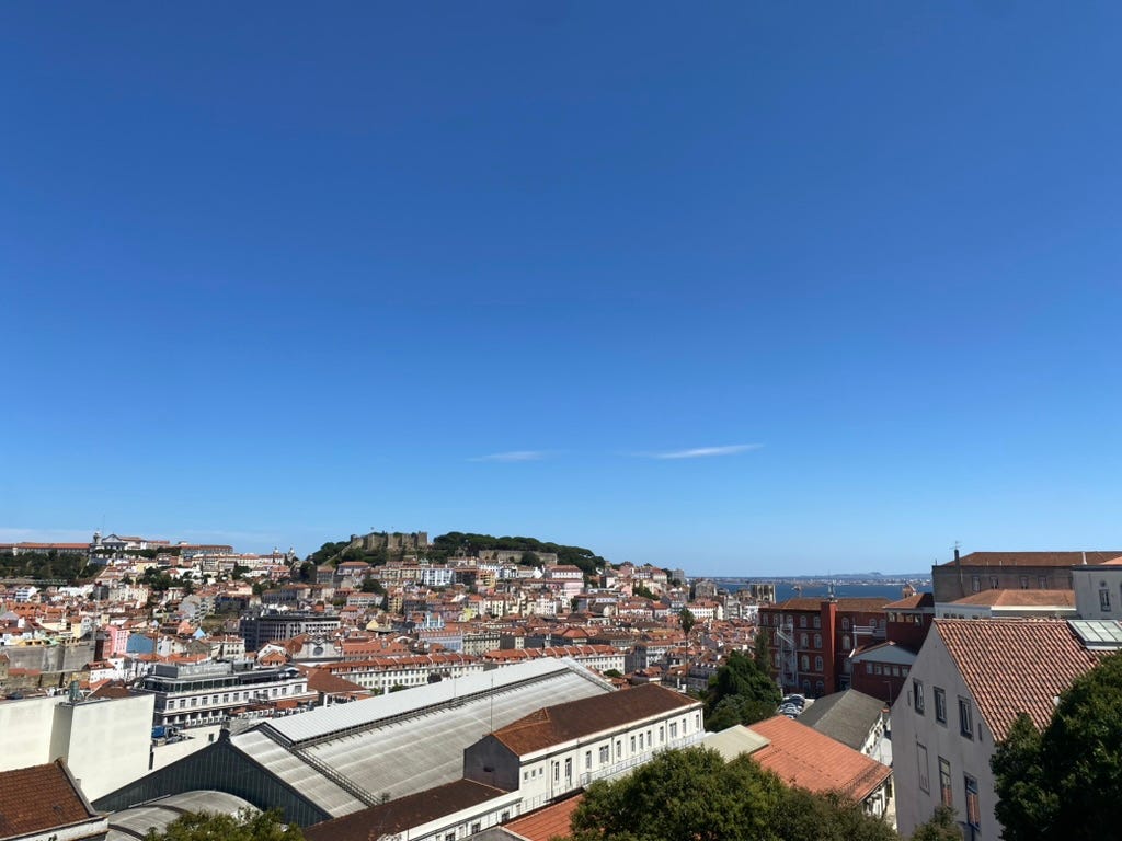 Buildings in Lisbon with a blue sky