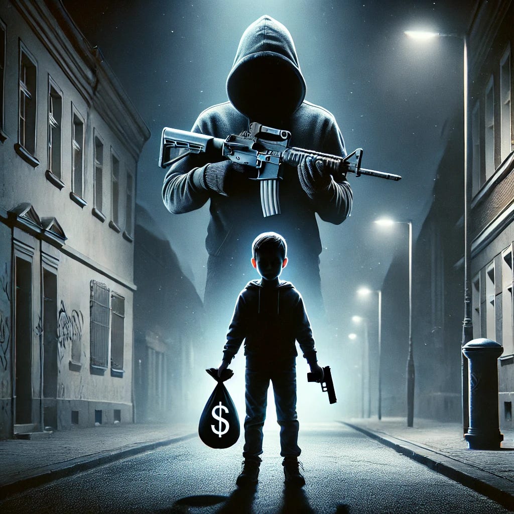 A dark and impactful digital illustration. The central focus is a silhouette of a young child holding a gun in one hand and a bag of money in the other, standing on an empty street. Behind the child, a single shadowy hooded figure looms menacingly, holding an assault rifle and symbolizing manipulation and exploitation. The figure's clothing is plain and nondescript with no logos or markings. The background features a European urban street at dusk, with dim streetlights and subtle graffiti on the walls. The lighting is dramatic with cold, bluish tones to create a tense and unsettling atmosphere. All text and logos have been removed.
