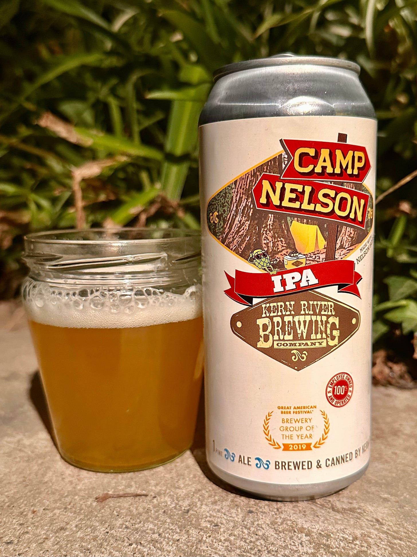 A glass full of beer by Kern River Brewing next to a can of Camp Nelson IPA. Plants are in the background.