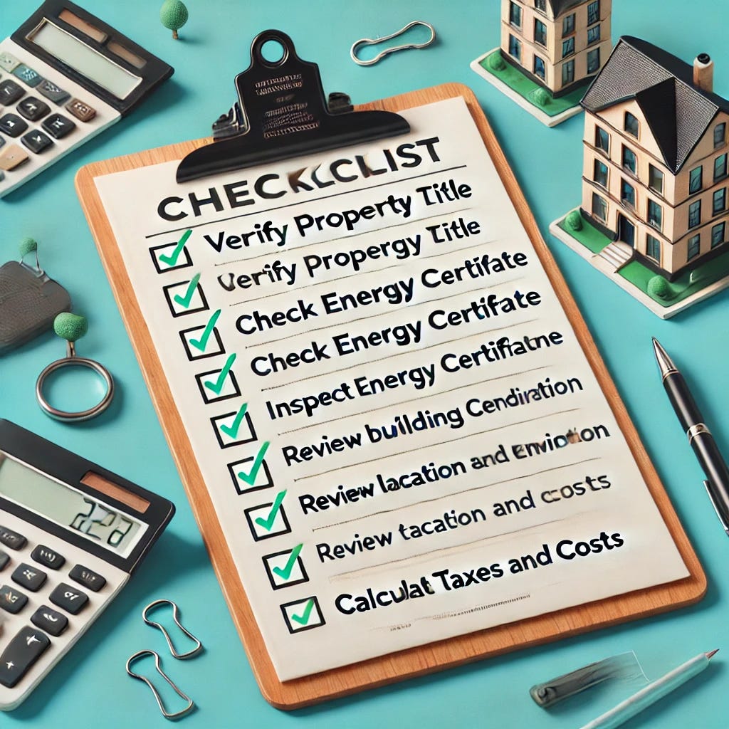 A visually engaging checklist illustration for a blog about buying second-hand apartments in Spain. The image shows a clipboard with a detailed checklist, including items like 'Verify property title', 'Check energy certificate', 'Inspect building condition', 'Review location and environment', and 'Calculate taxes and costs'. The setting includes elements like a pen, calculator, and small urban apartment models on a desk, giving a professional and clean look with a real estate focus.