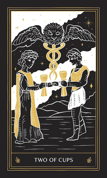 Premium Vector | Two of Cups Tarot Card in Minor Arcana with Black Gold and  White Hand Drawn Vector Doodle Style