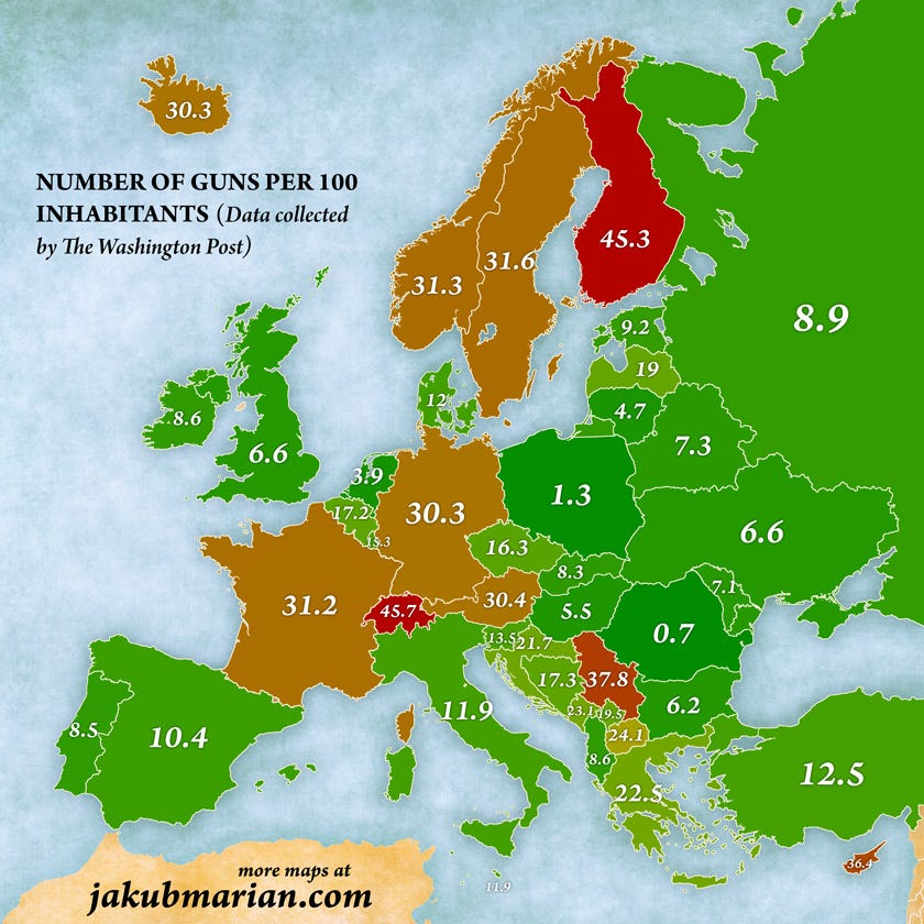 r/MapPorn - Gun ownership in the Europe.