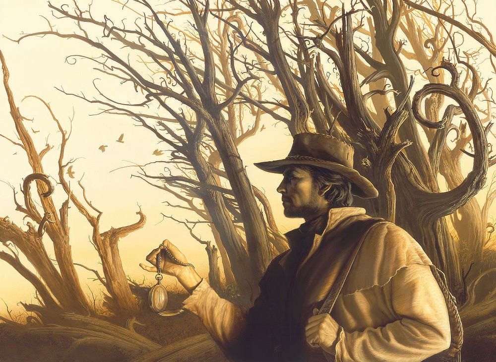 Painted in limited tones of yellows and brown, Roland Deschain is seen in profile in front of a copse of barren trees. Many of the branches curl in shapes resembling the number 9. Roland wears a leather duster and cowboy hat. One hand rests on the strap of a pack hung over his shoulder. The other holds a pocket watch with the chain pinched between his thumb and ring finger. The index and middle finger of his right hand are missing.