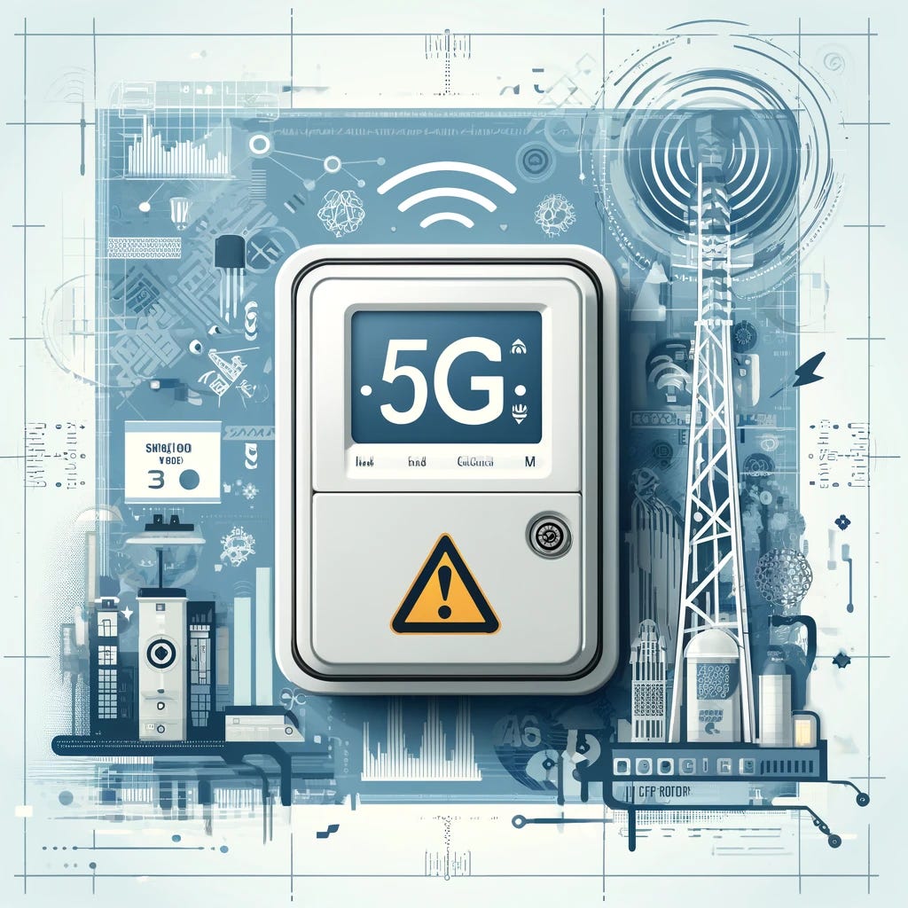 A square image focusing on smart meters and 5G technology. The image should feature a smart meter with a caution sign prominently displayed. Surrounding the smart meter, there should be elements representing 5G technology, such as signal waves or a 5G tower. The background can include abstract designs or patterns that convey technology and connectivity, using a professional color scheme with shades of blue and grey.