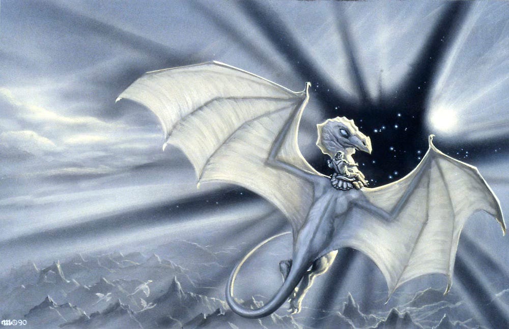 A white dragon approaches a rift in space that opens above mountainous terrain