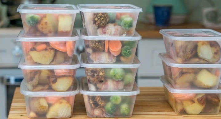 Meal prep. Stack of home cooked roast dinners