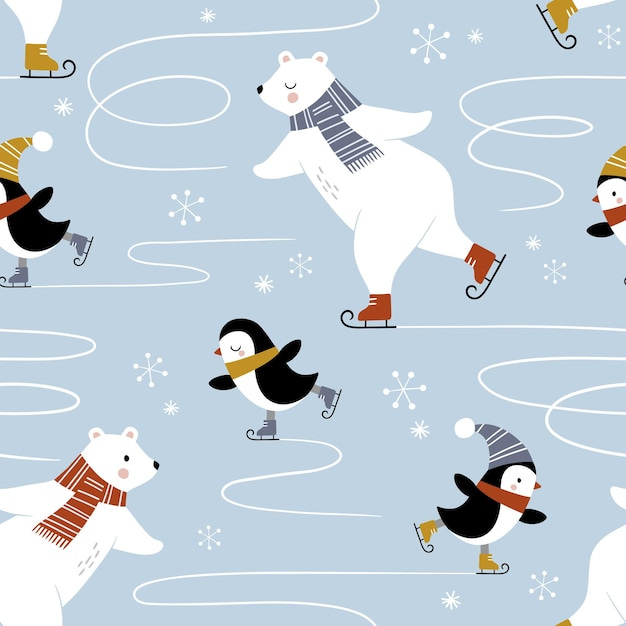 Vector seamless vector pattern with cute ice skating penguins, polar bears and snowflakes