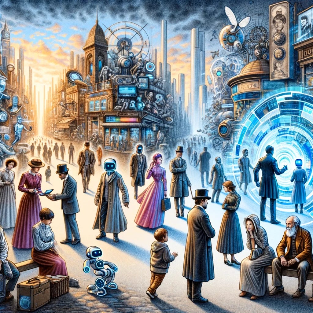 A thought-provoking illustration depicting people getting used to a new epoch. The scene blends elements from different eras, showing a diverse group of individuals adapting to changes. Some are dressed in futuristic clothing, interacting with advanced technology like holographic displays and AI robots, while others wear more traditional attire, looking curiously at the new gadgets. The background combines a futuristic cityscape with elements of historical architecture, symbolizing the transition between the old and the new. This image captures the essence of adaptation and the merging of different time periods into a new era.