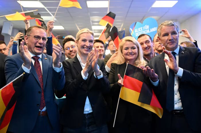 Alice Weidel, the AfD’s co-leader, applauds the announcement of exit poll results in the Bundestag elections