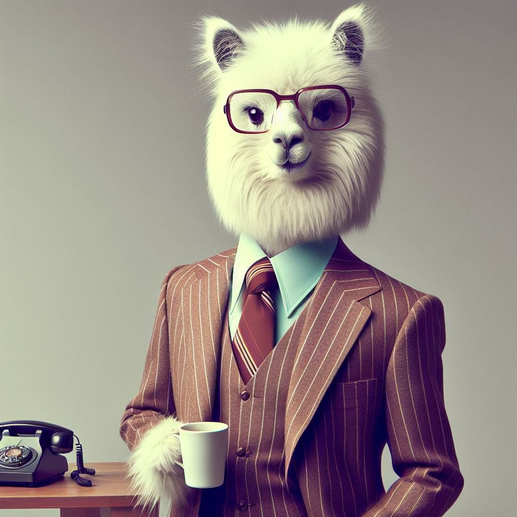 Immagine generata con Microsoft Designer usando il prompt “Photo of slim fuffy lama with rounded glasses, dressed with a business man suite, in a 1970 style