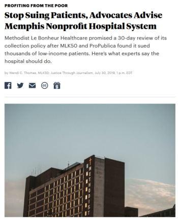 ProPublica: Stop Suing Patients, Advocates Advise Memphis Nonprofit Hospital System
